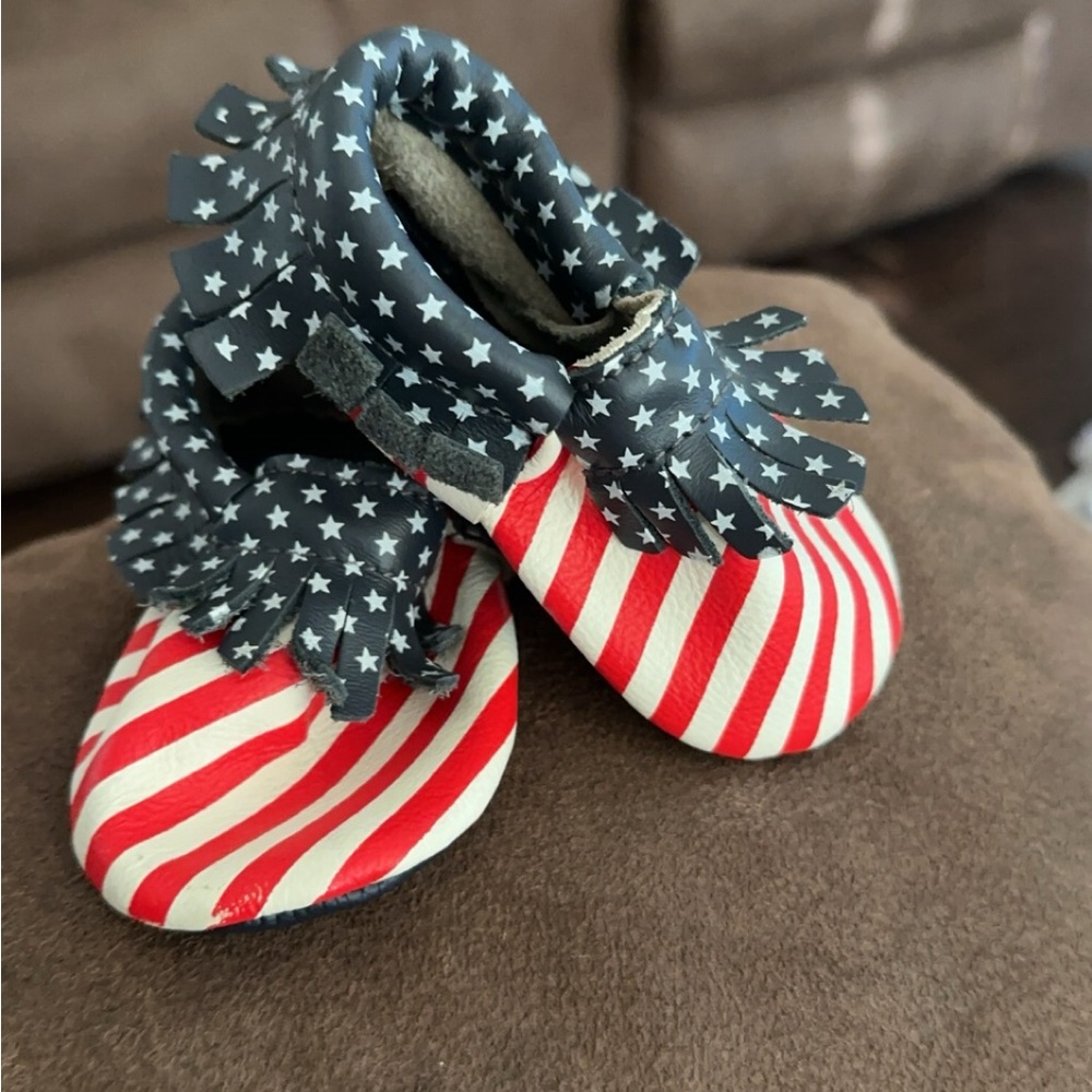 Size 4 Bird Rock Baby Red White and Blue Moccasins